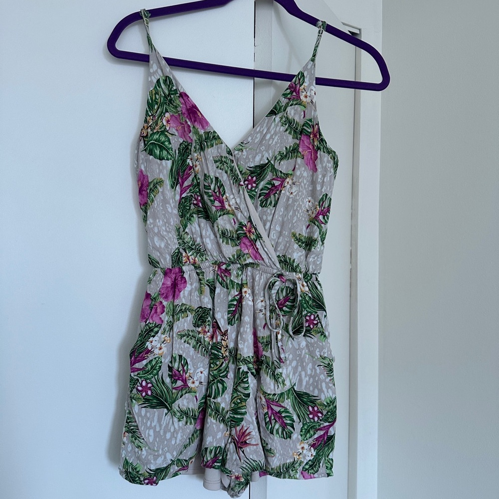 one clothing Beige Floral One-Piece Romper with Pink and Green Accents